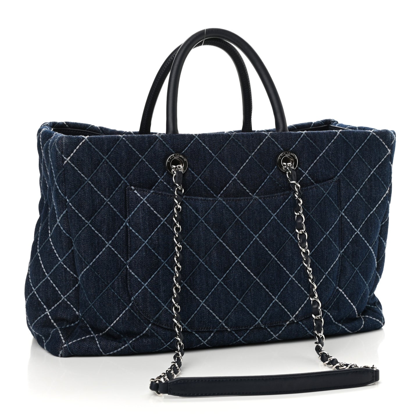 Denim Quilted Large Coco Handle Shopping Tote Blue