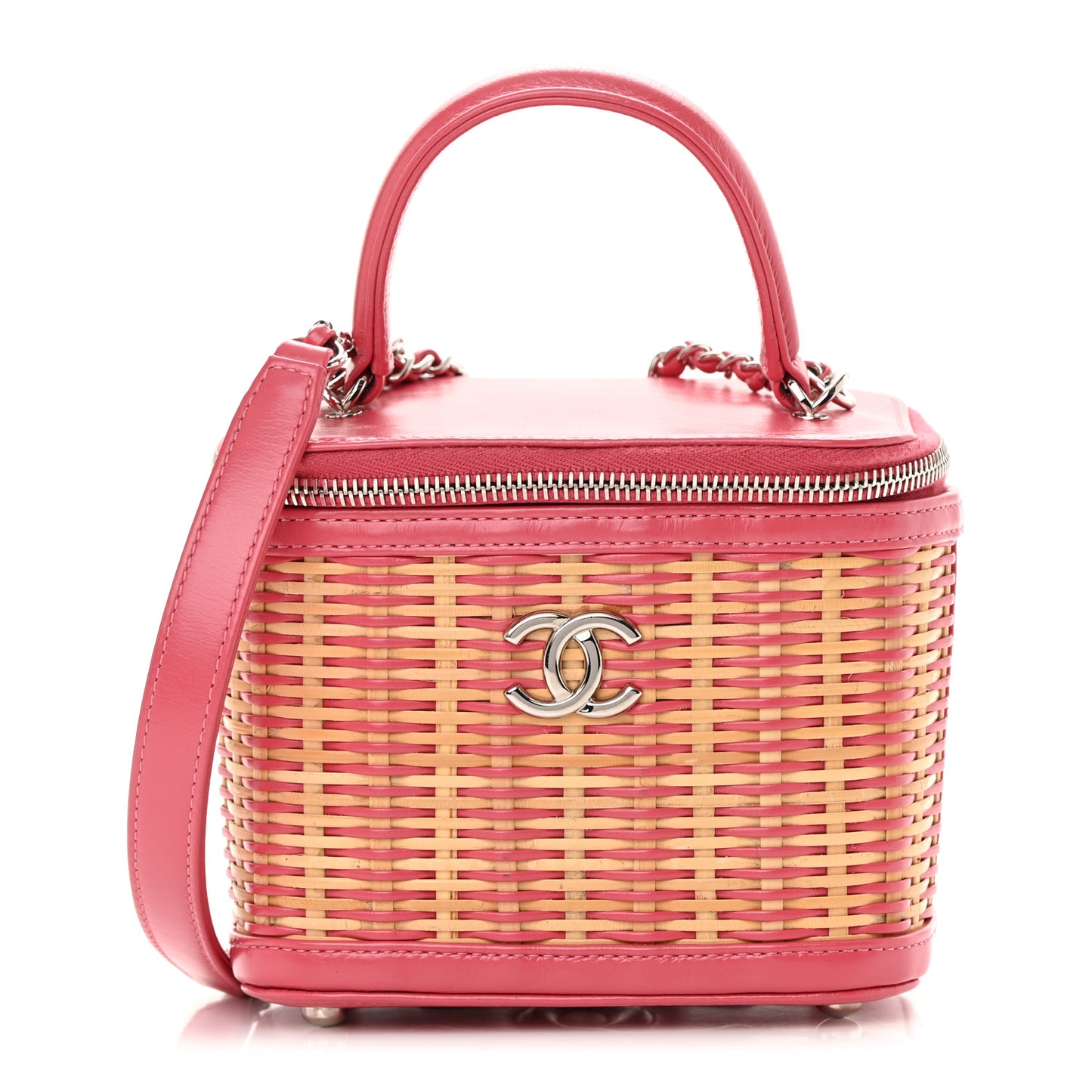 Calfskin Raffia Small Take Away Vanity Case Bag Pink Beige
