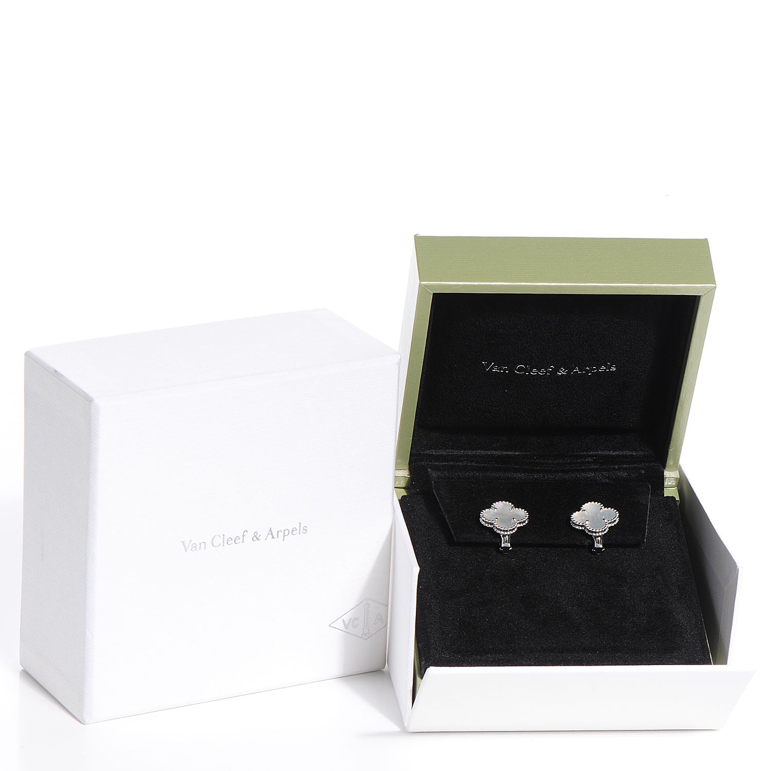 Van Cleef & Arpels 18K White Gold Mother of Pearl Vintage Alhambra Earrings 5 of 5