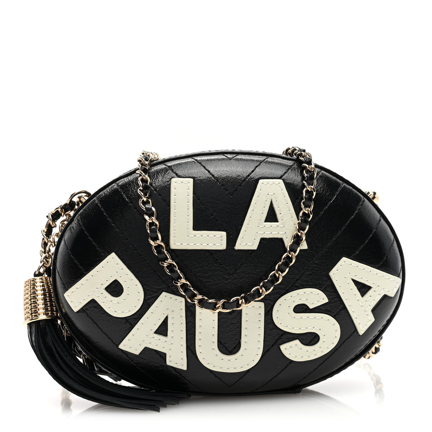Chanel Lambskin Embroidered Chevron Quilted La Pausa Tassel Clutch Black 1 of 10