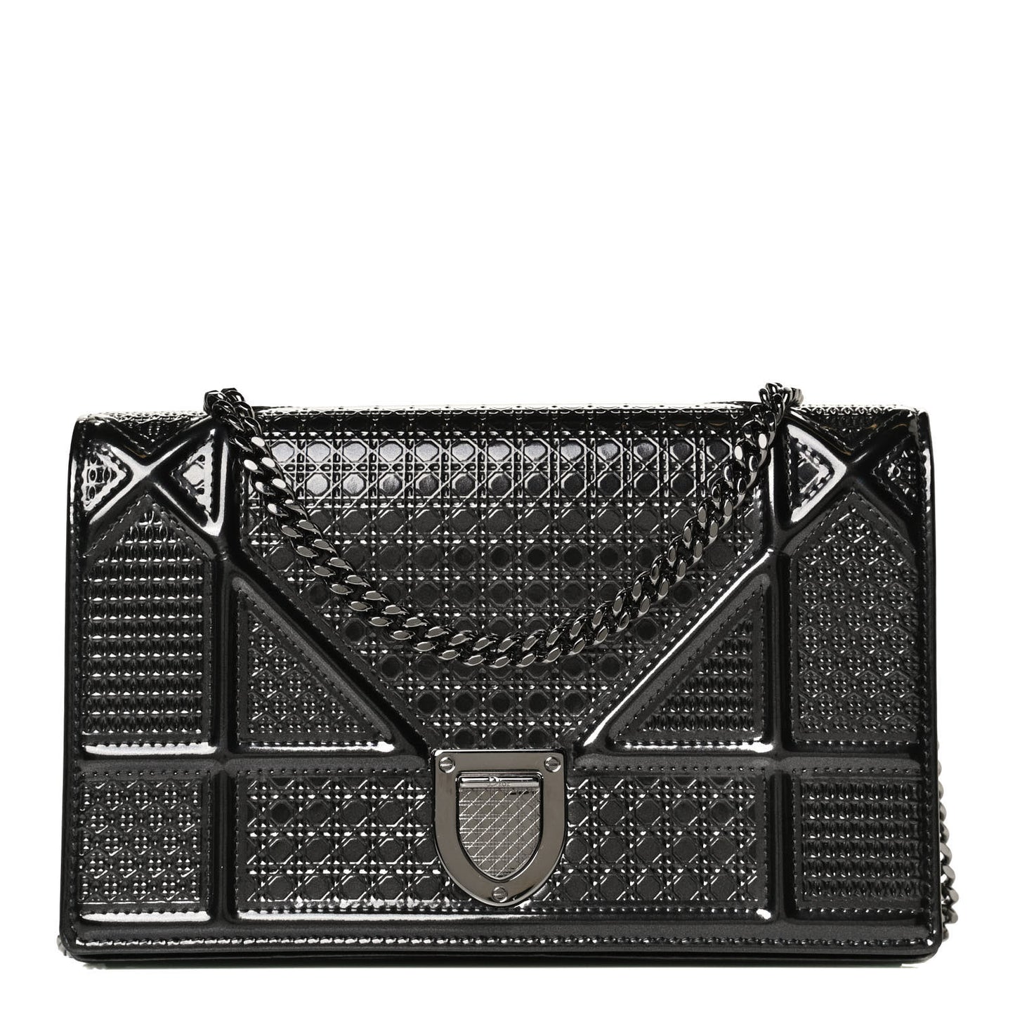 Metallic Patent Micro-Cannage Diorama Wallet on Chain Pouch Onyx Black