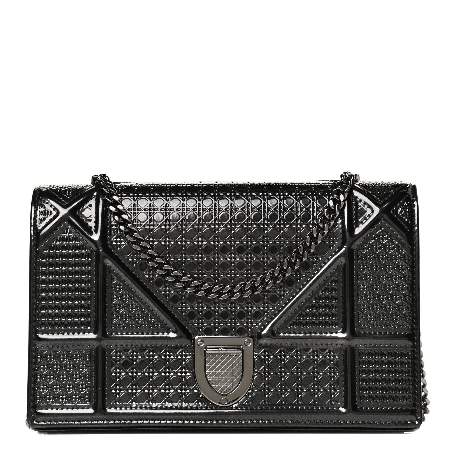 Christian Dior Metallic Patent Micro-Cannage Diorama Wallet on Chain Pouch Onyx Black 1 of 13