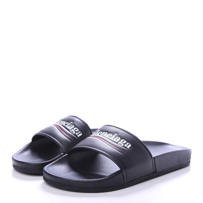 Balenciaga Nappa Political Campaign Logo Womens Pool Slide Sandals 38 Black White Vermillon 3 of 6