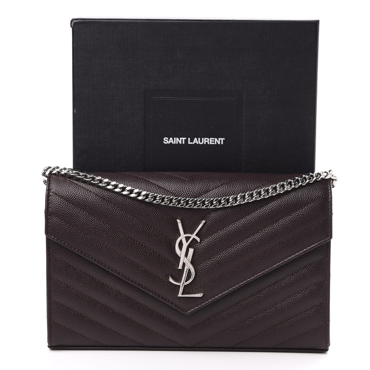 Grain De Poudre Matelasse Chevron Monogram Chain Wallet Dark Brown