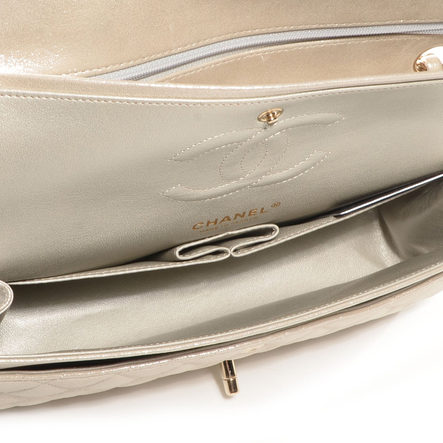 Iridescent Calfskin Medium Double Flap Light Gold