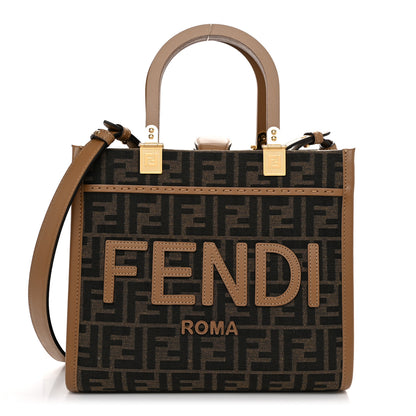 Fendi Fabric Jacquard FF 1974 Logo Small Fendi Sunshine Shopper Tote Tobacco Moro Sand 1 of 10