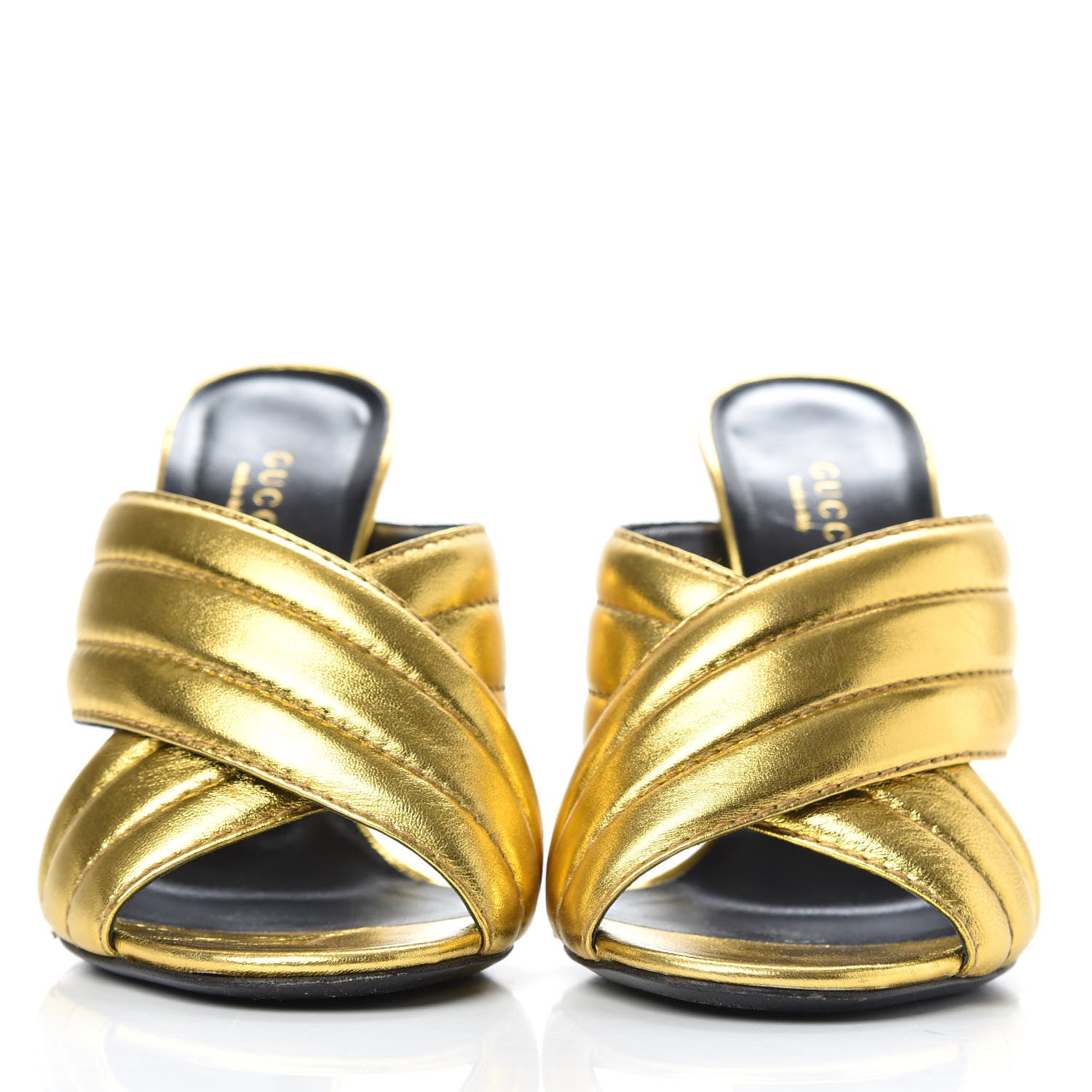 Gucci Metallic Nappa Webby Crossover High Heel Slide Sandals 35.5 Oro Vecchio 2 of 9