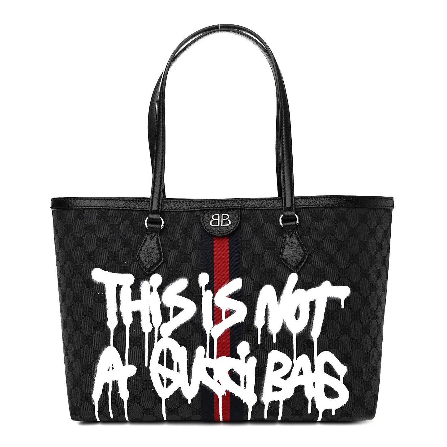 X BALENCIAGA BB Monogram Web Graffiti Medium Ophidia Shopping Tote Black