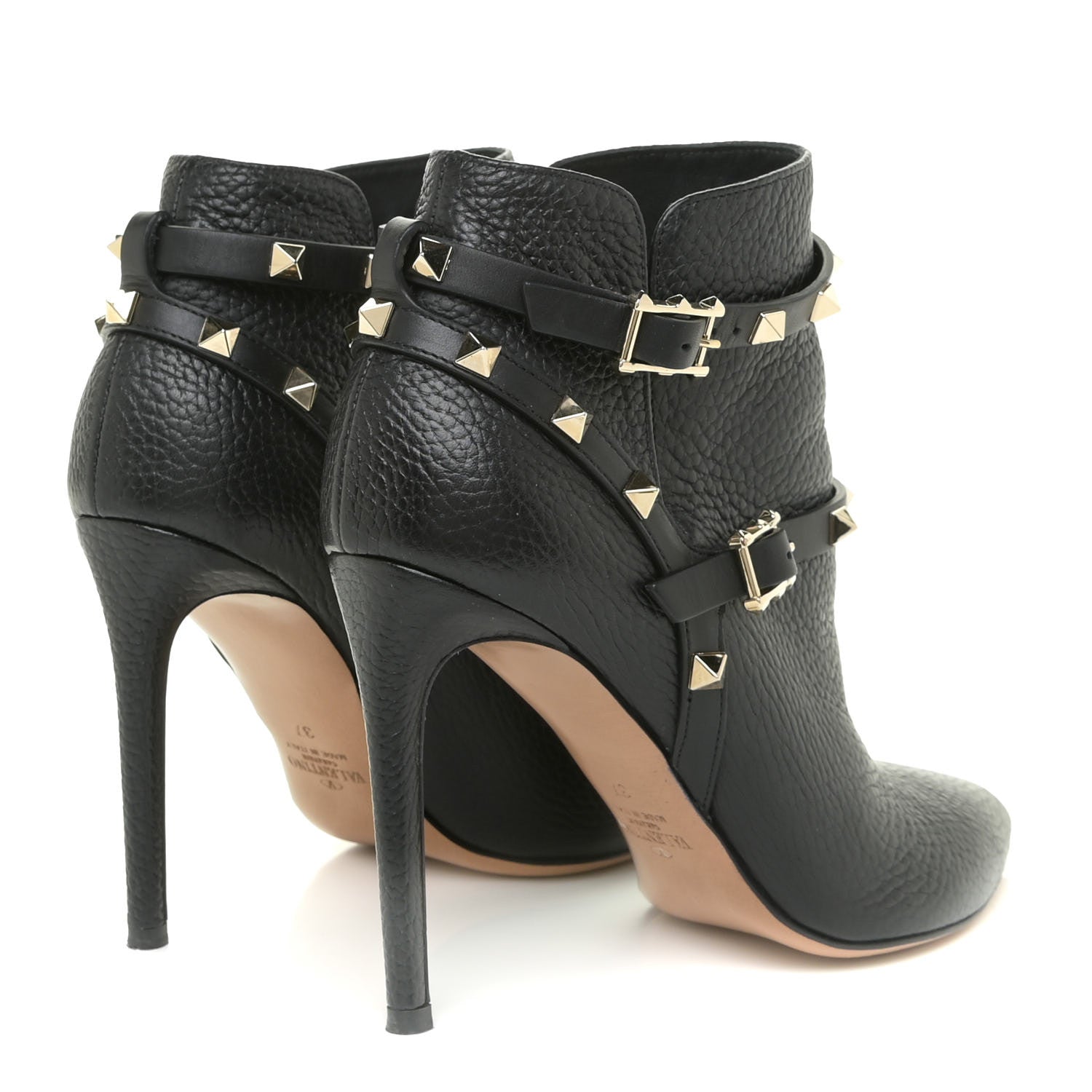 Valentino Garavani Pebbled Calfskin Rockstud Double Buckle 100mm Ankle Boots 37 Black 5 of 12