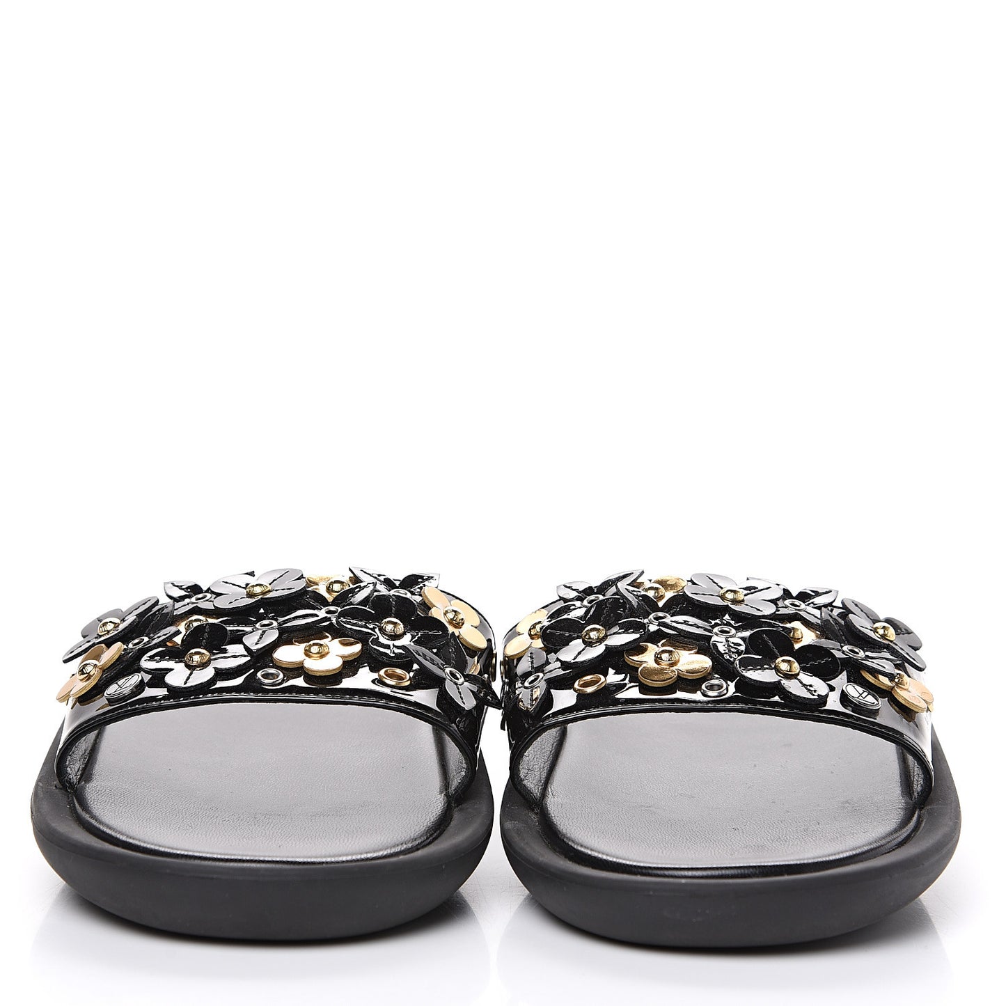 Patent Sunbath Flower Slide Sandals 37 Black