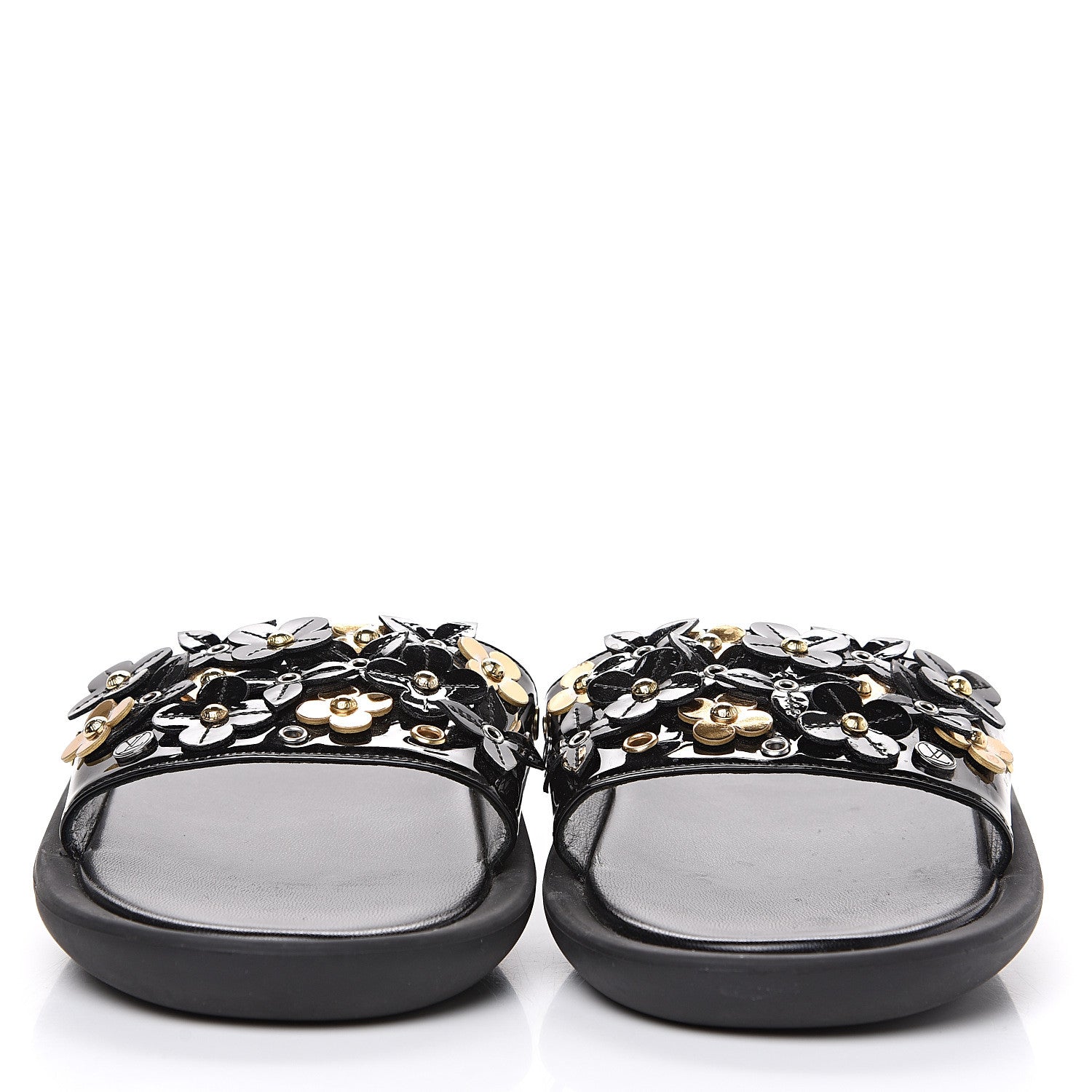 Louis Vuitton Patent Sunbath Flower Slide Sandals 37 Black 2 of 8