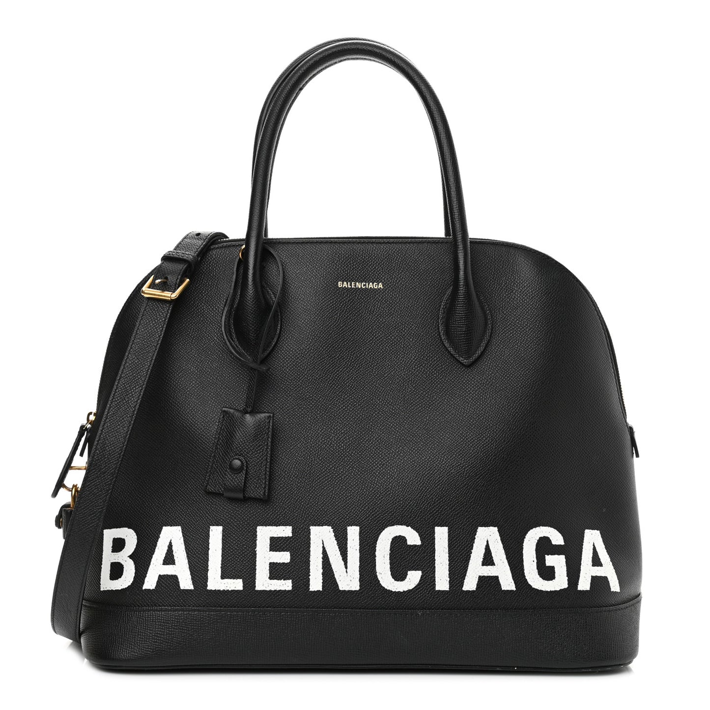 Signature Grained Calfskin Logo M Ville Top Handle Bag Black
