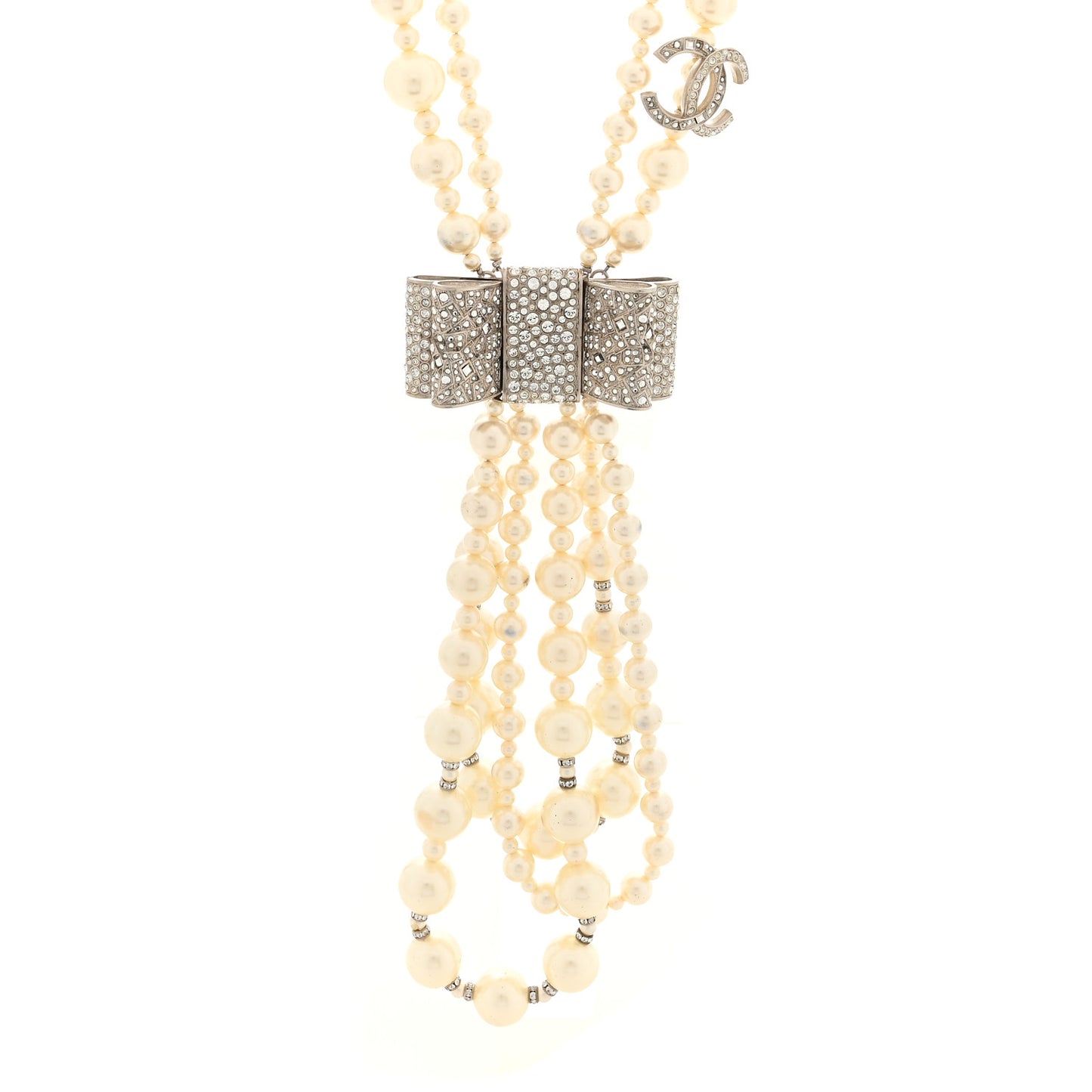 Pearl Crystal CC Bow Lavalier Necklace Silver