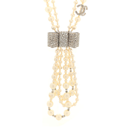 Chanel Pearl Crystal CC Bow Lavalier Necklace Silver 1 of 4