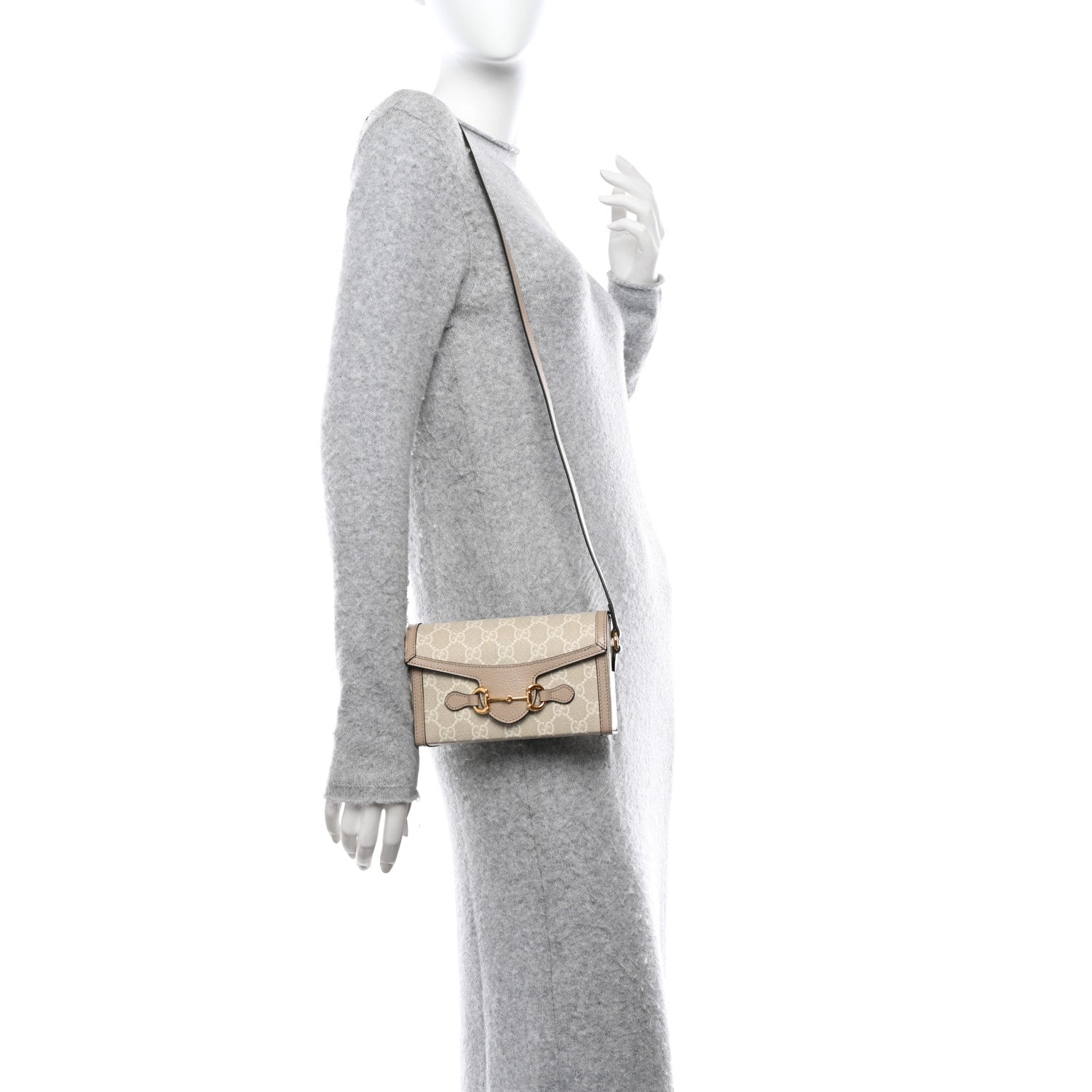 Gucci GG Supreme Monogram Textured Dollar Calfskin Mini Horsebit 1955 Shoulder Bag Beige Mystic White Oatmeal 2 of 10
