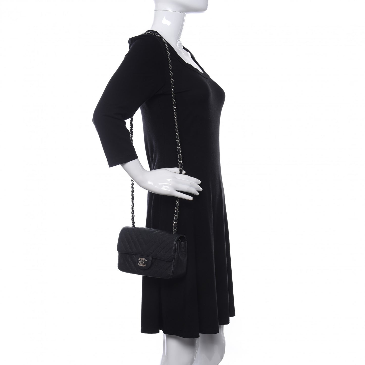 Caviar Chevron Quilted Mini Rectangular Flap Black