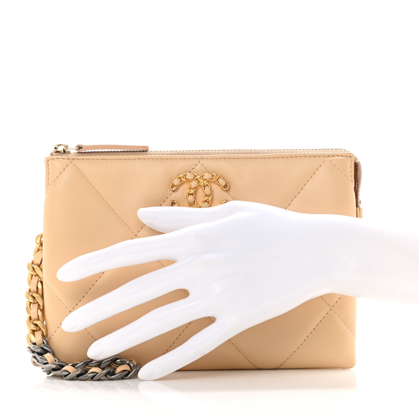 Shiny Goatskin Quilted Chanel 19 Small Pouch With Handle Beige