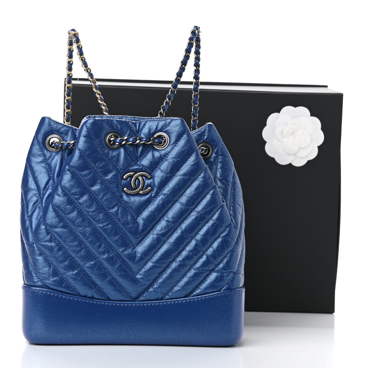 Chanel Iridescent Aged Calfskin Chevron Quilted Small Gabrielle Backpack Blue 11 of 11