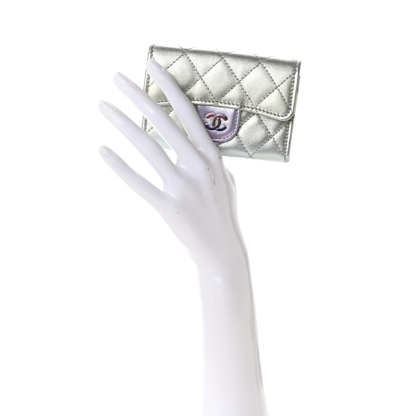 Gradient Metallic Calfskin Quilted Flap Card Holder Wallet Silver Blue Yellow Purple