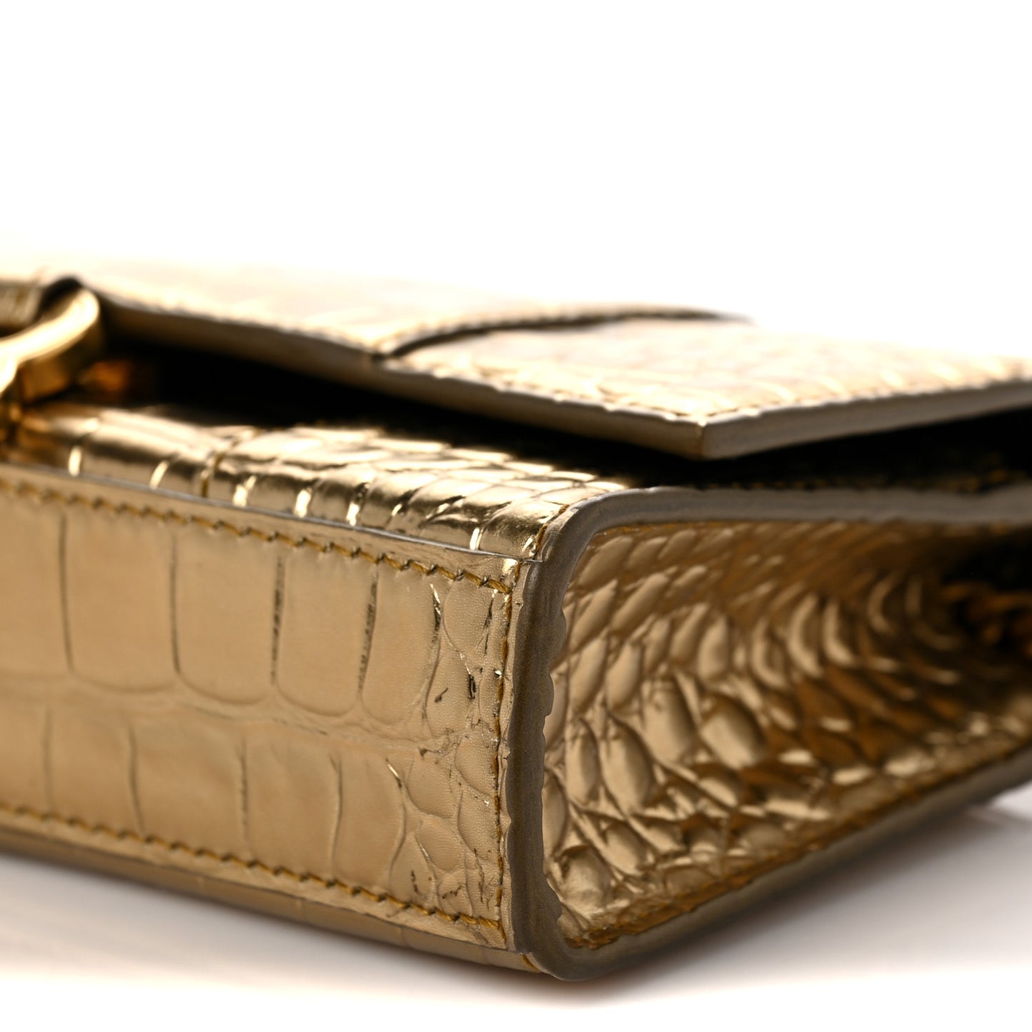 Metallic Calfskin Crocodile Embossed Hourglass Chain Bag Gold