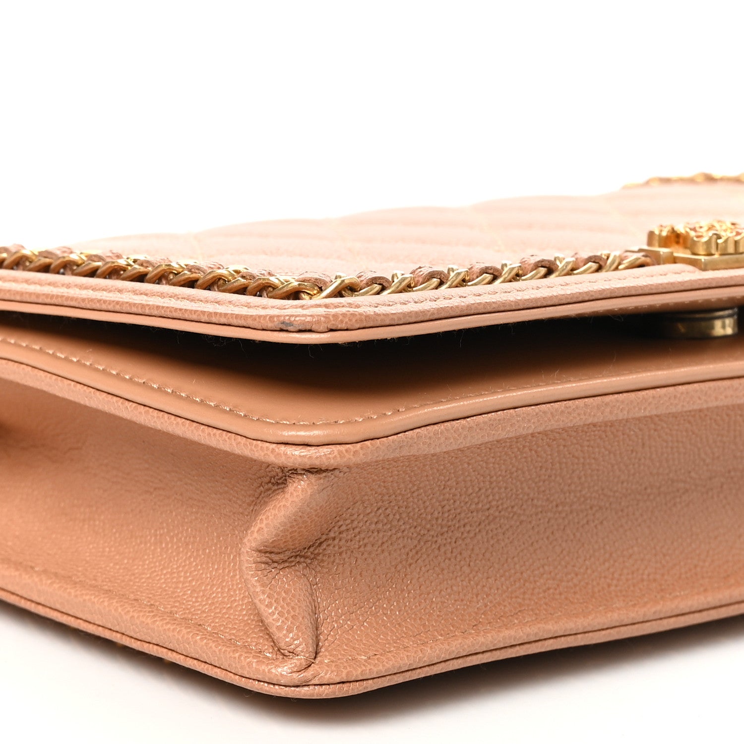 Chanel Caviar Quilted Chain Around Boy Wallet On Chain WOC Dark Beige 10 of 12