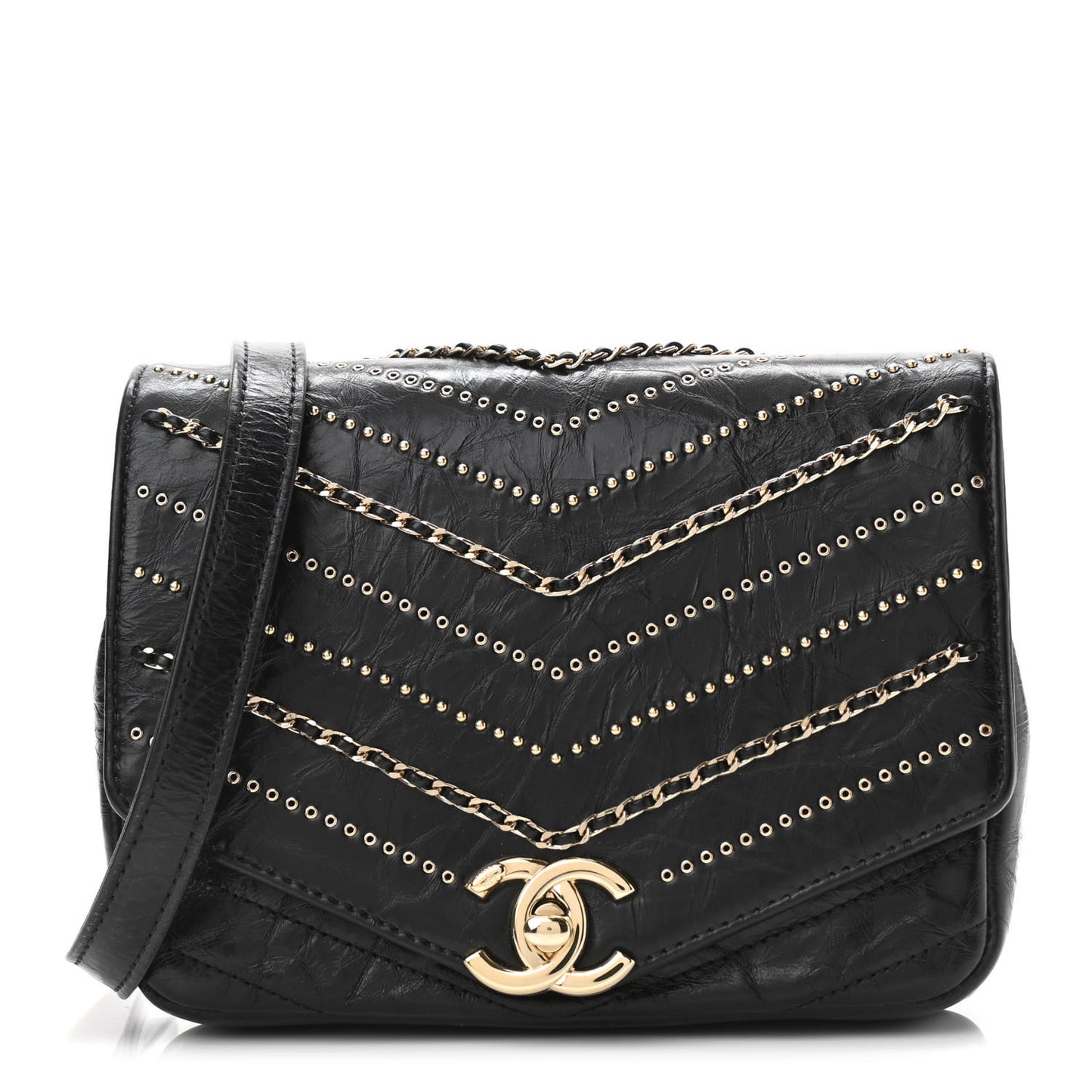 Crumpled Calfskin Chevron Chain Mini Square Flap Black