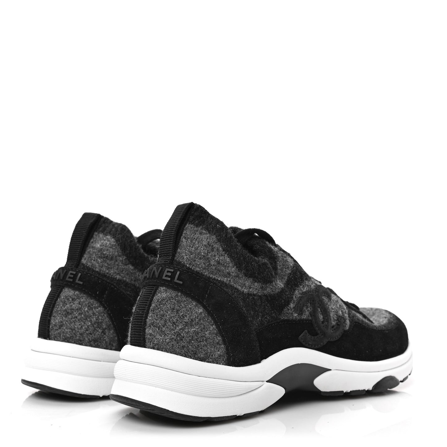 Knit Fabric Suede Calfskin Womens CC Sneakers 39.5 Grey Black