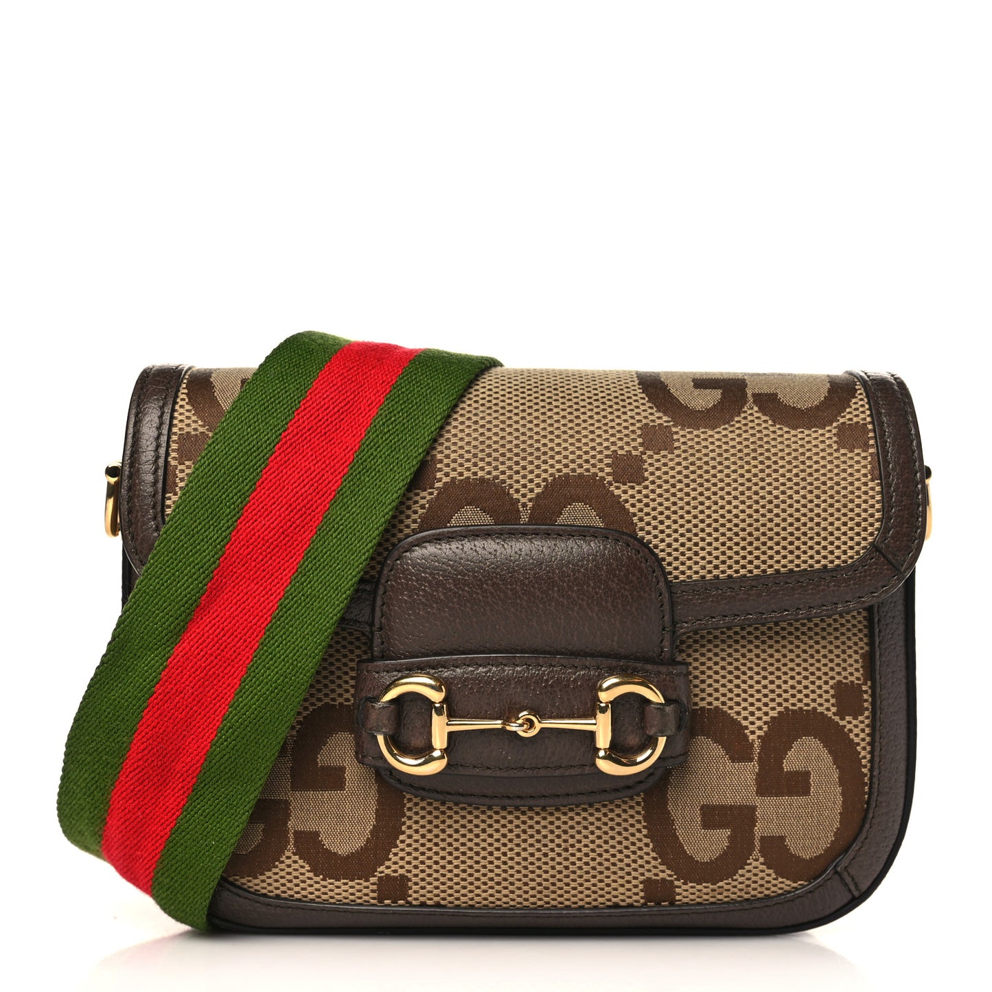 Monogram Jumbo GG Textured Dollar Calfskin Web Mini Horsebit 1955 Shoulder Bag Camel Ebony New Acero