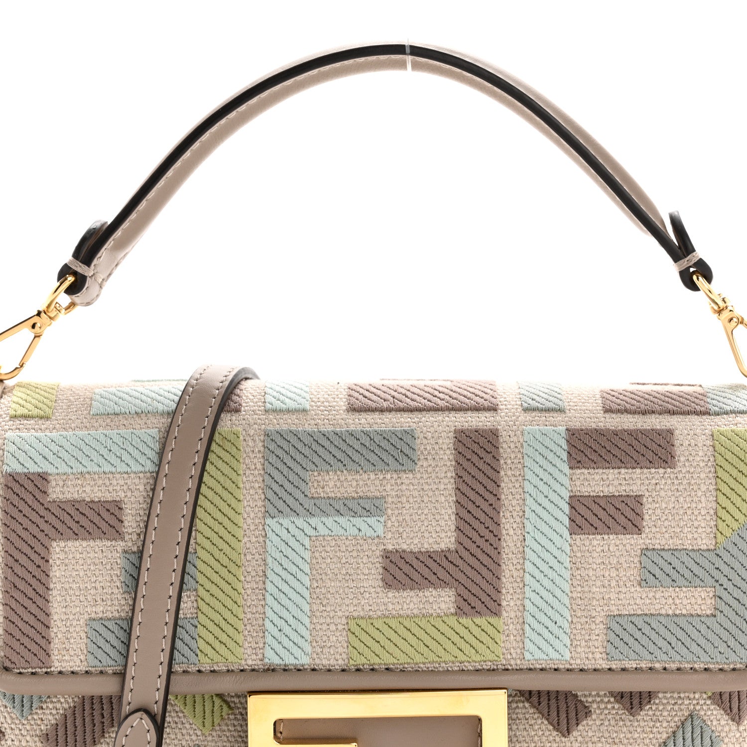 Fendi Canvas Vitello King Seta FF Embroidered Mini Baguette Matcha Milk Dove 8 of 12