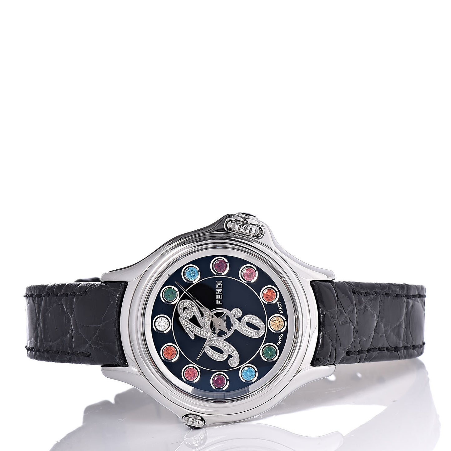 Stainless Steel Calfskin Diamond Topaz 33mm Crazy Carats Rotating Gem Quartz Watch Black