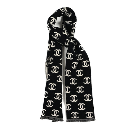 Chanel Wool Cashmere CC Scarf Black White 1 of 3