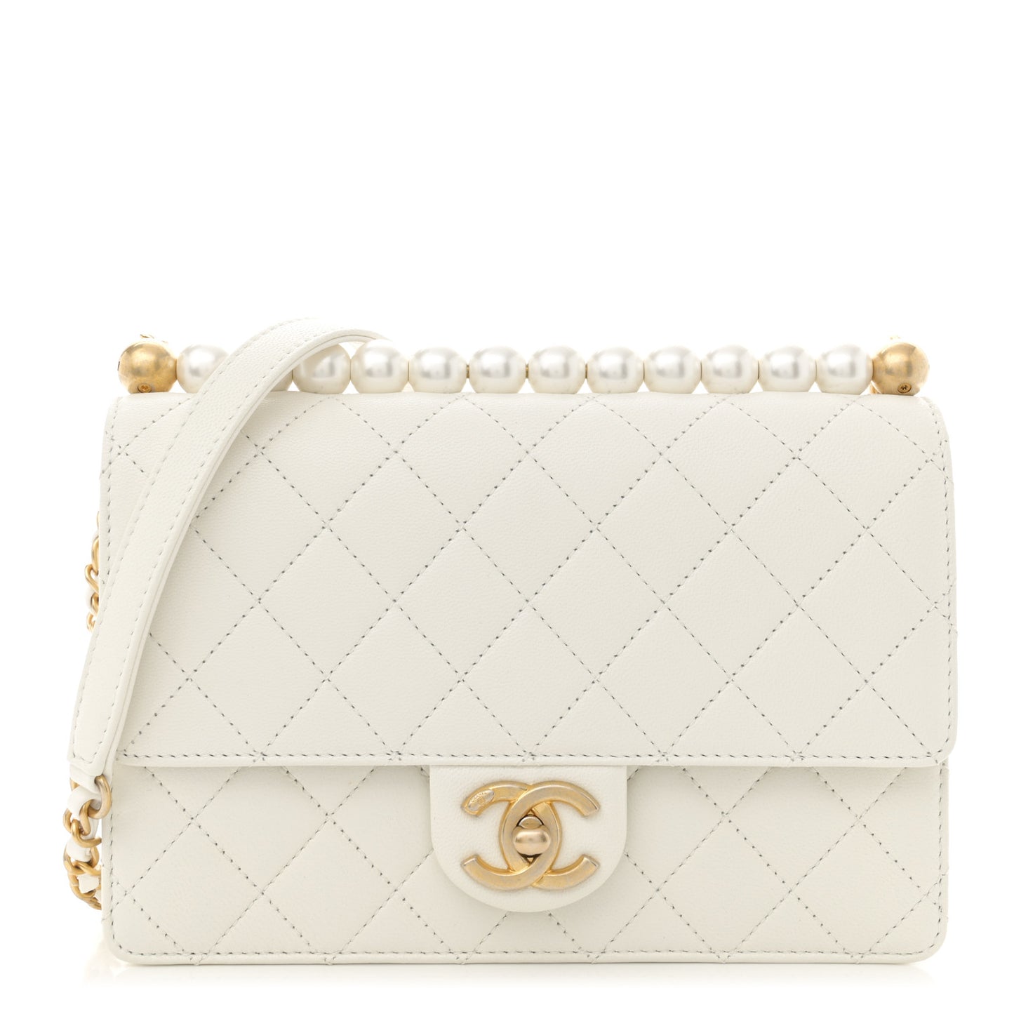 Lambskin Quilted Small Chic Pearls Flap White