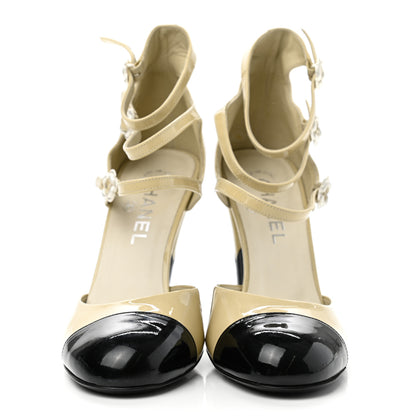 Chanel Patent Camellia Ankle Strap Pumps 38.5 Beige Black 2 of 12