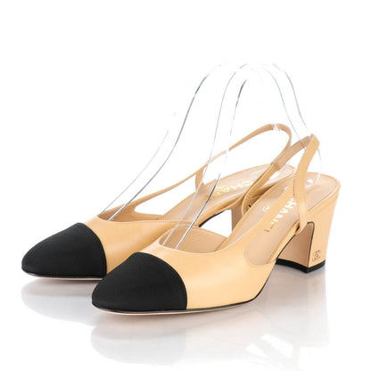 Chanel Goatskin Grosgrain Cap Toe CC Slingback Sandals 38 Beige Black 2 of 7