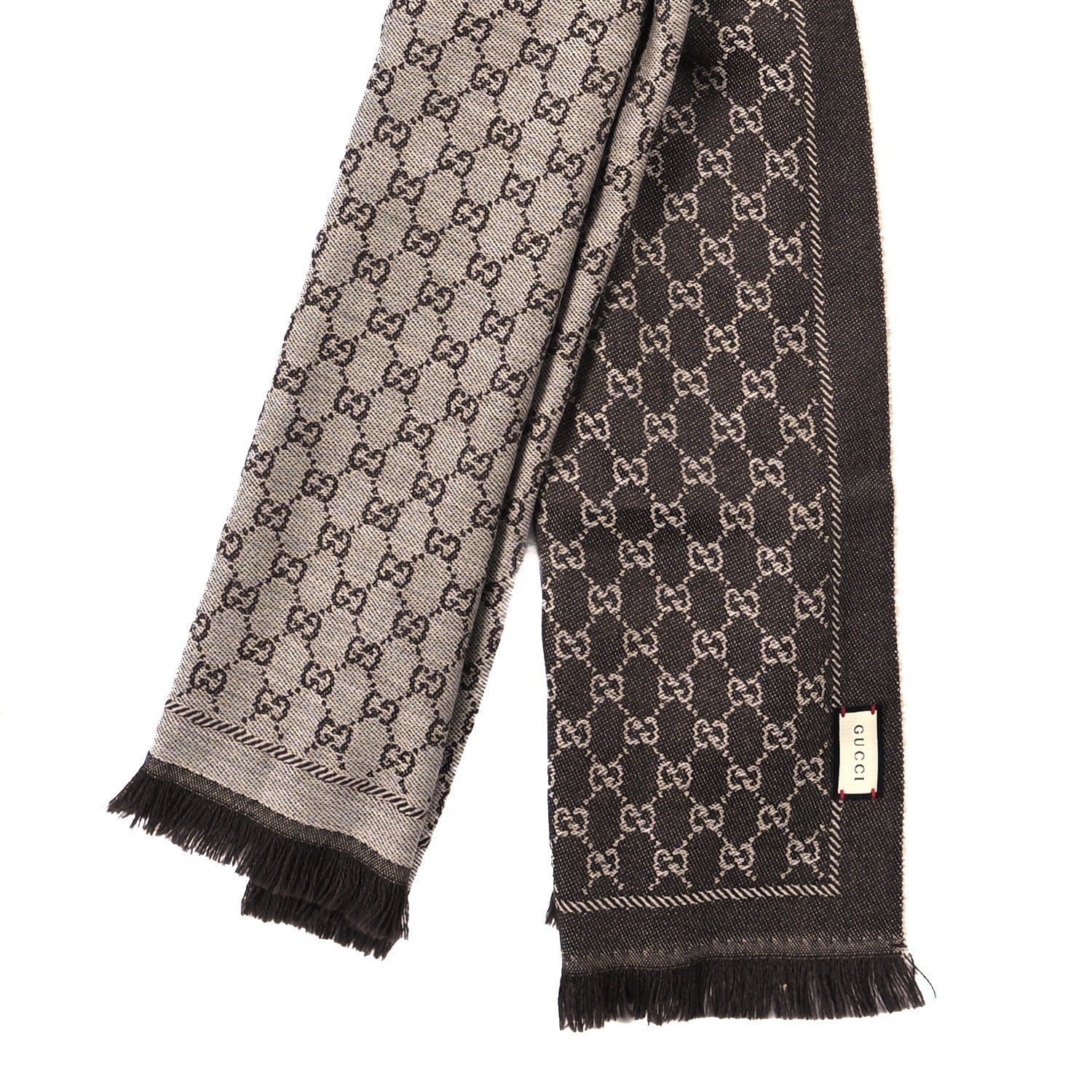 Gucci Wool GG Monogram Reversible New Sten Fringe Scarf Beige Dark Brown 2 of 3