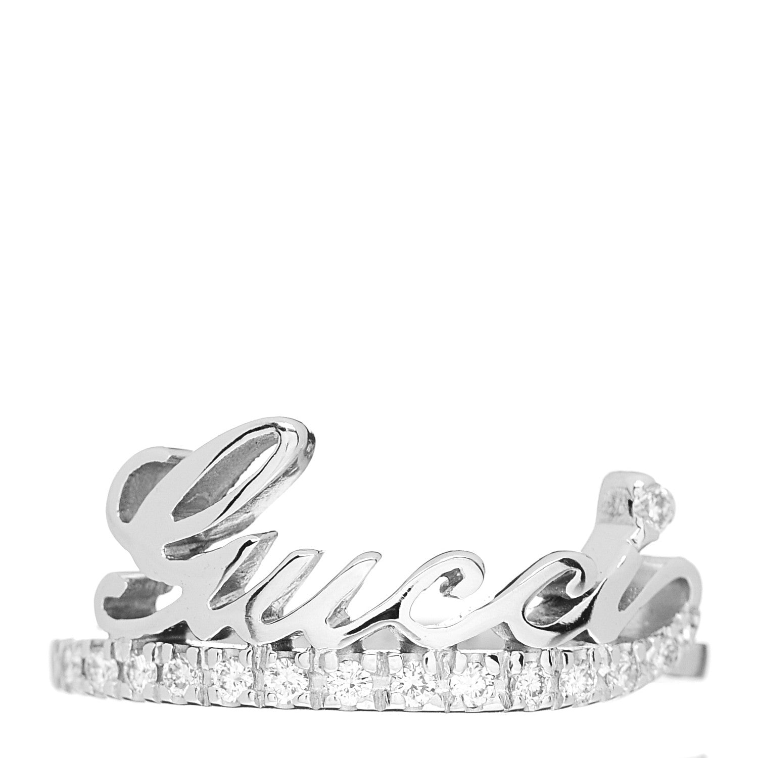 Gucci 18K White Gold Diamond Logo Script Ring 51 5.75 1 of 5