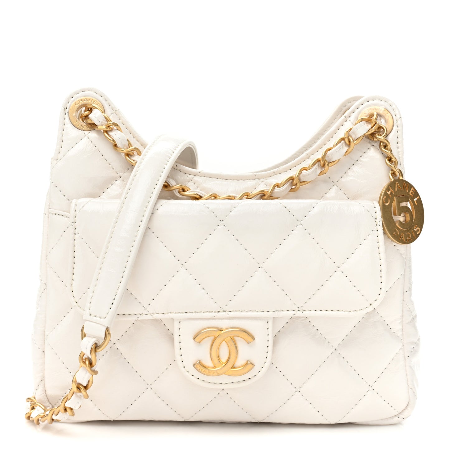 Shiny Crumpled Calfskin Quilted Small Wavy CC Hobo White