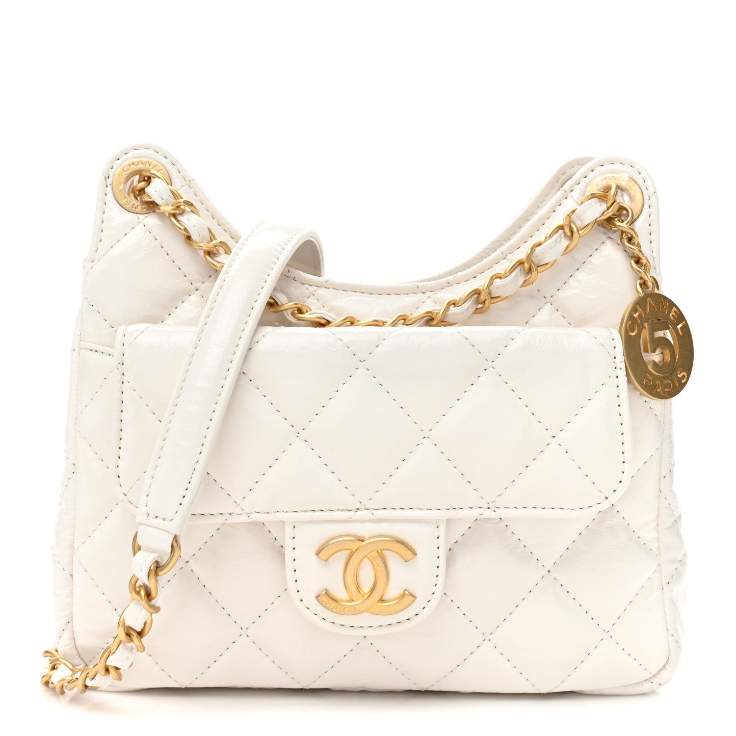 Chanel Shiny Crumpled Calfskin Quilted Small Wavy CC Hobo White 1 of 9