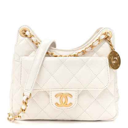 Chanel Shiny Crumpled Calfskin Quilted Small Wavy CC Hobo White 1 of 9