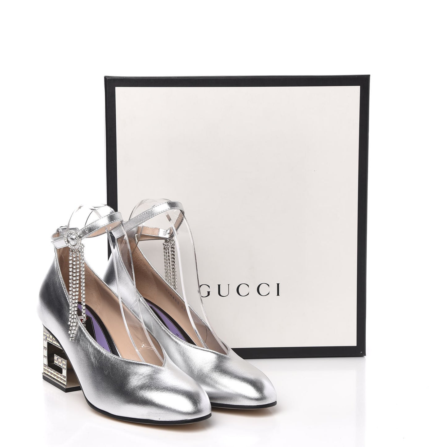 Metallic Nappa Crystal Square G Mid Heel Pumps 38 Silver