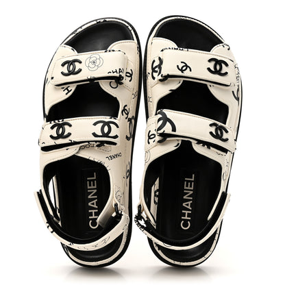 Chanel Lambskin Printed CC Velcro Dad Sandals 37 White Black 2 of 9