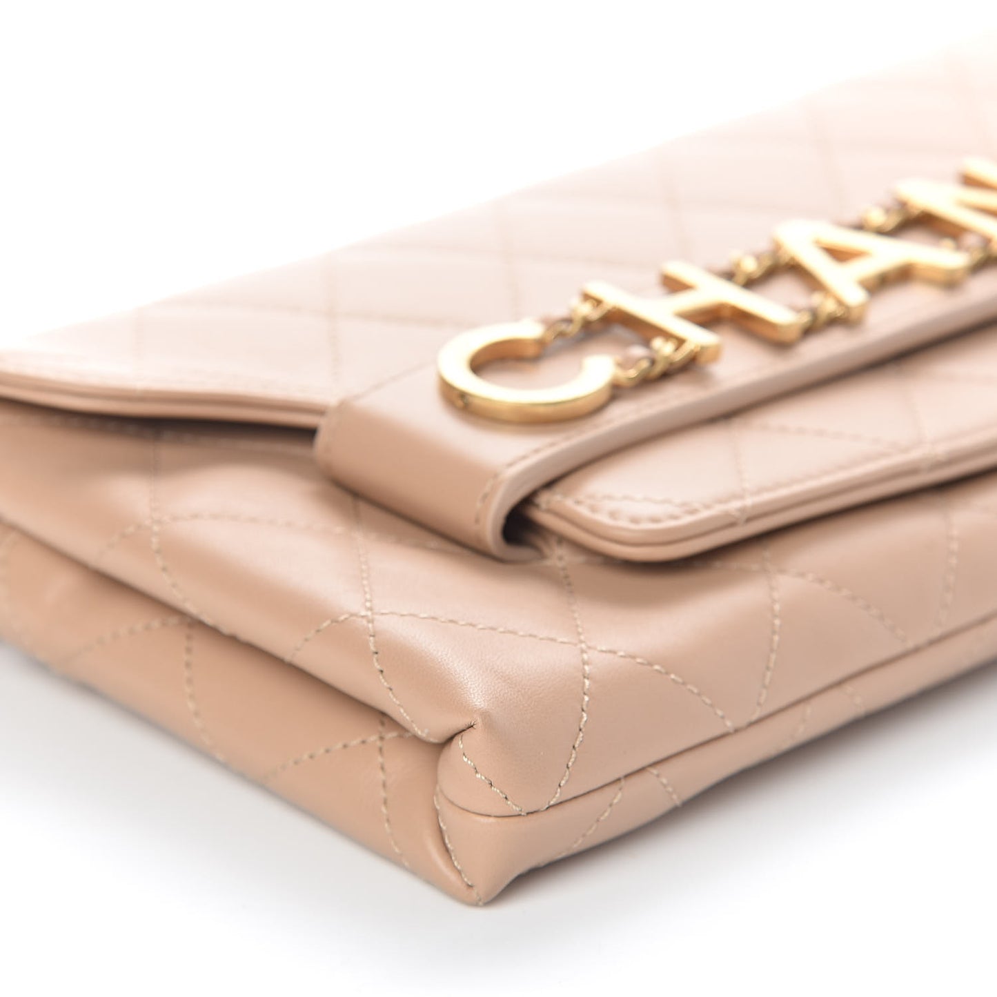 Calfskin Quilted Enchained Clutch Beige