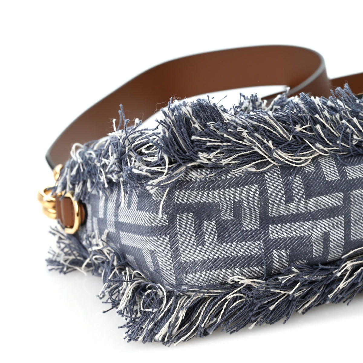 Denim Vitello King Fringe FF Embroidered Baguette Denim Myrtle Dark Nut