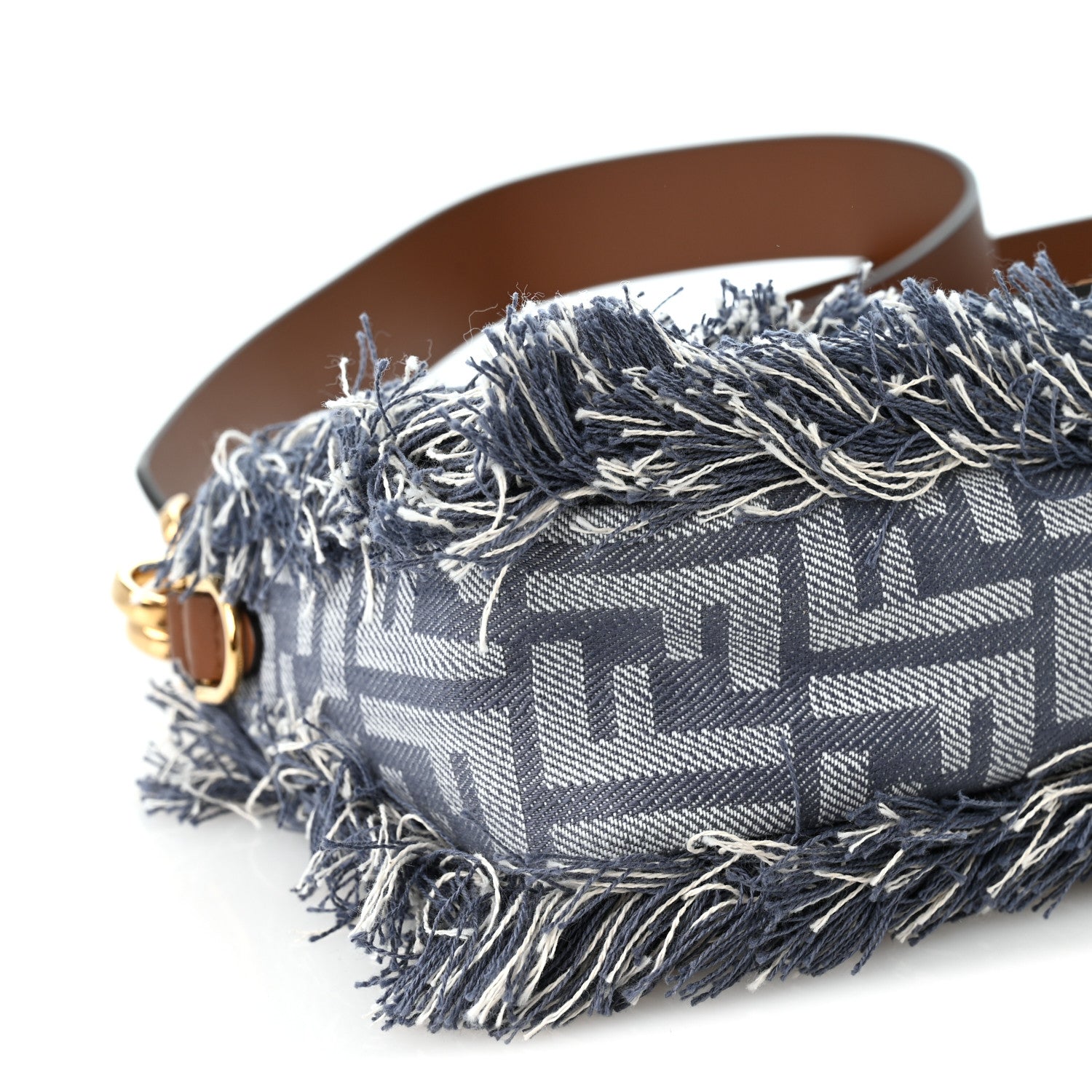 Fendi Denim Vitello King Fringe FF Embroidered Baguette Denim Myrtle Dark Nut 11 of 12