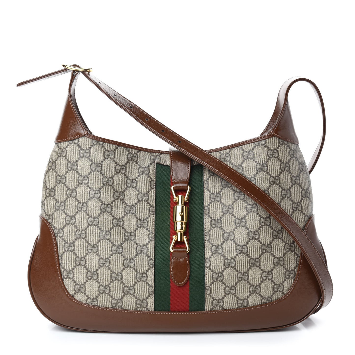 GG Supreme Monogram Azalea Calfskin Web Medium Jackie 1961 Hobo Beige Ebony Brown Sugar