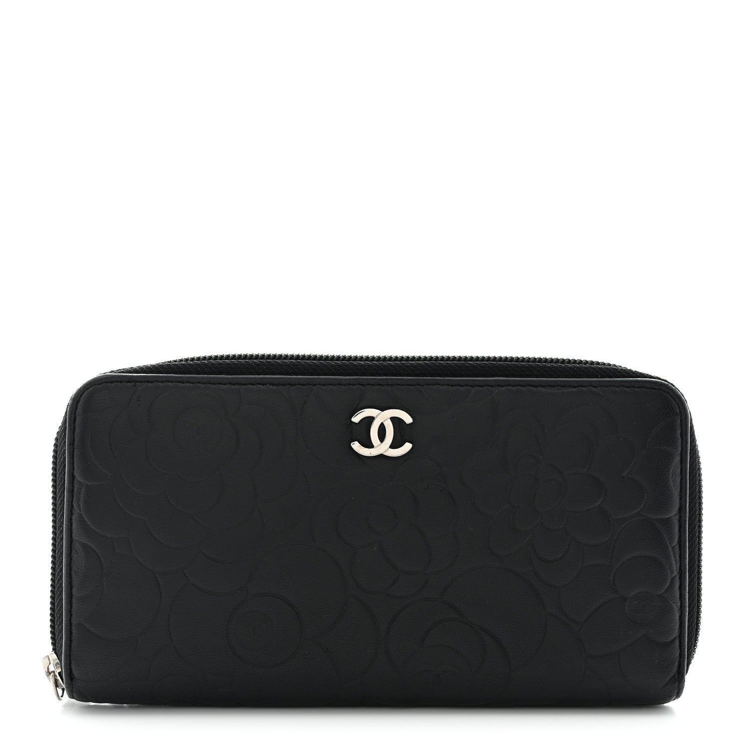 Chanel Lambskin Camellia Embossed Large Zip Around Gusset Wallet Black 1 of 10