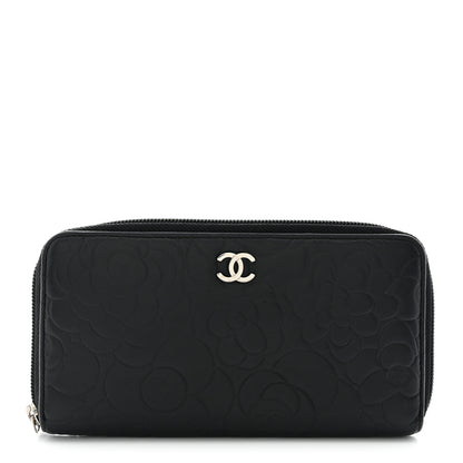 Chanel Lambskin Camellia Embossed Large Zip Around Gusset Wallet Black 1 of 10