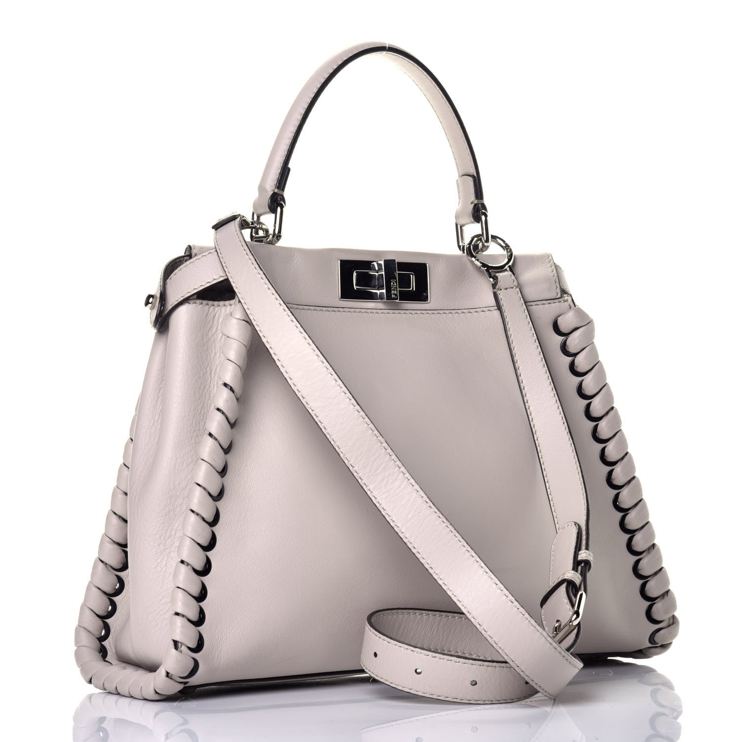 Fendi Vitello Seta Lace Up Medium Peekaboo Iconic Satchel Grigio Polvere 4 of 9
