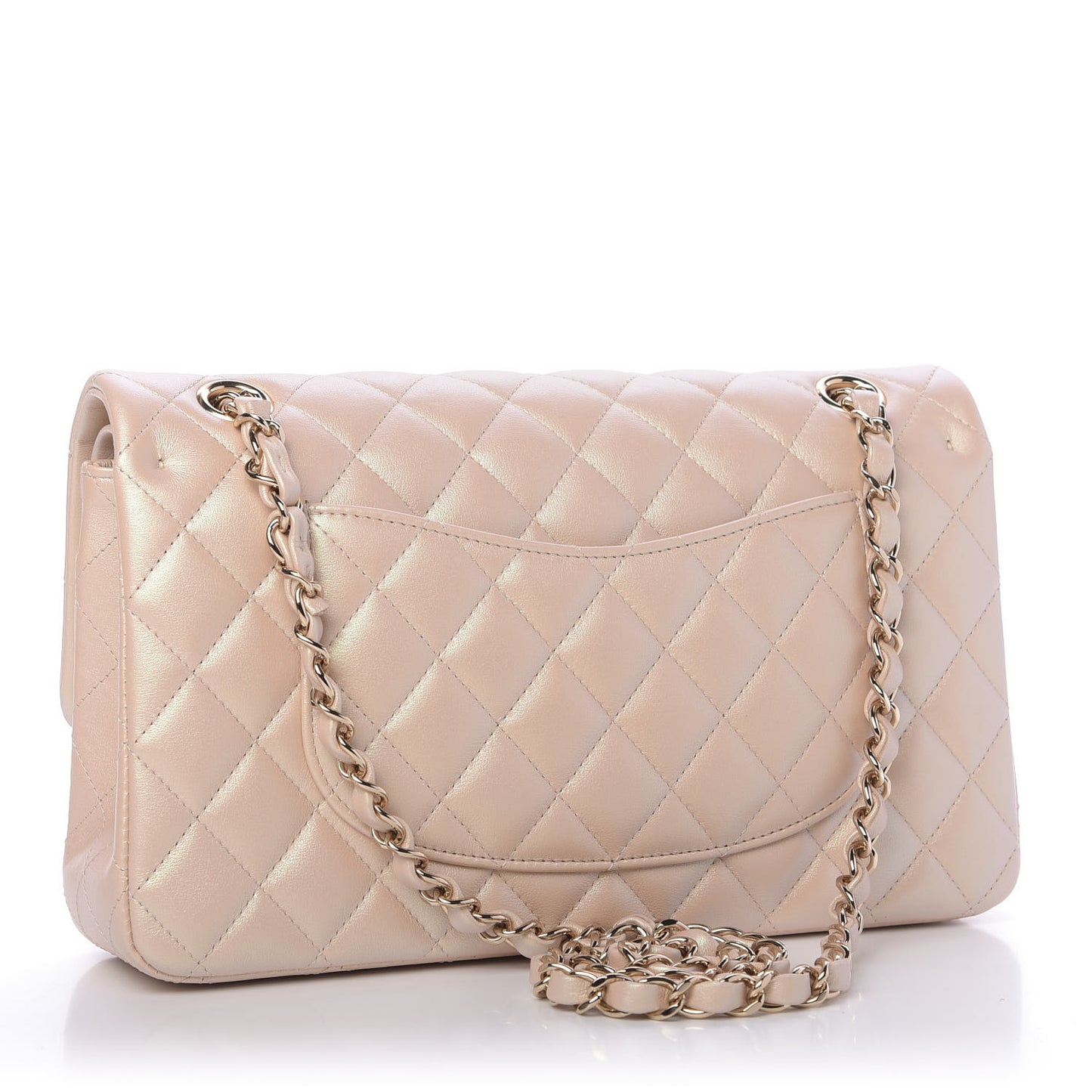 Iridescent Calfskin Quilted Medium Double Flap Beige