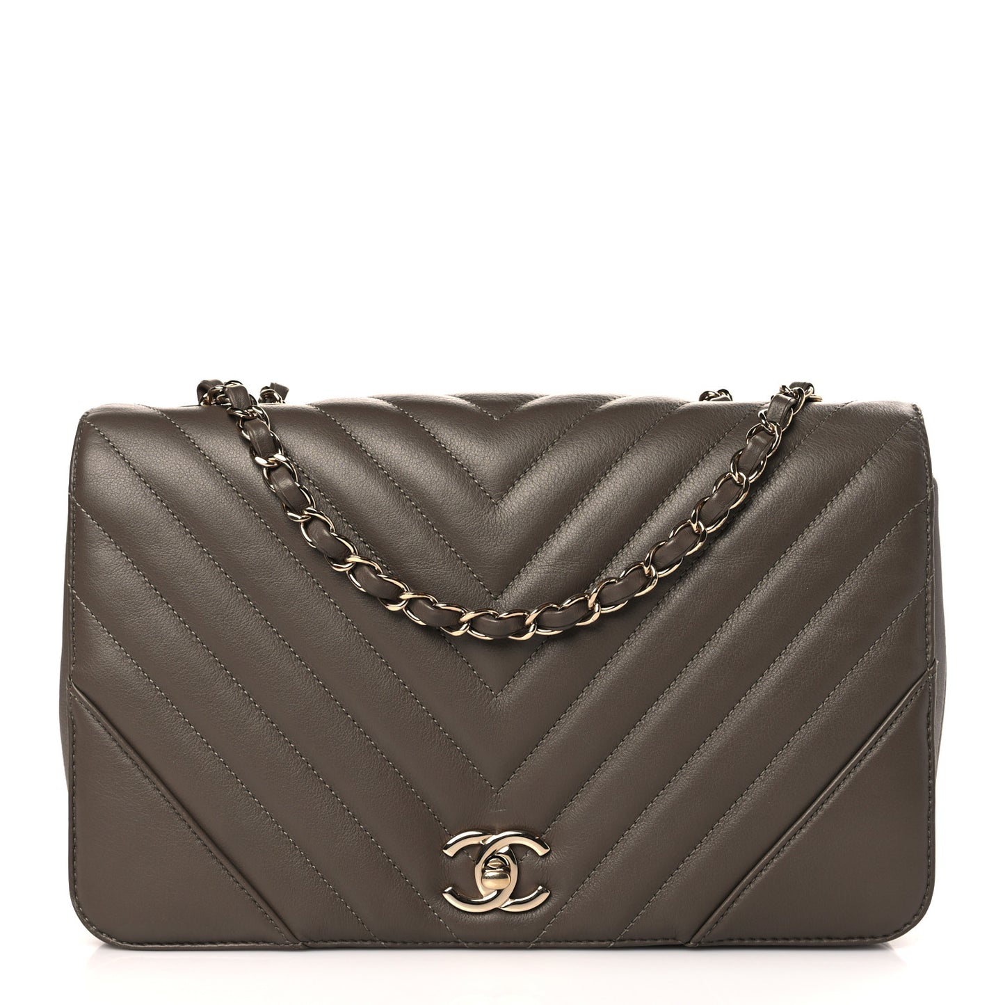 Calfskin Chevron Quilted Large Statement Flap Khaki